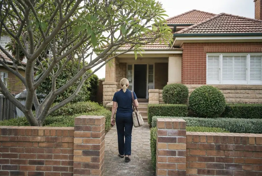 Clinician walking up the path of a suburban Sydney home